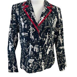 Vintage Kemp Paris Print Blazer Size 10 Black Stretch Eiffel Tower Fashion USA